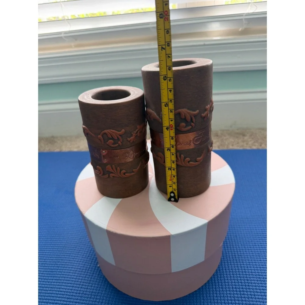 Rustic Faux Wood Pillar Candle Holders Set Daughter & Special Friend Copper Band